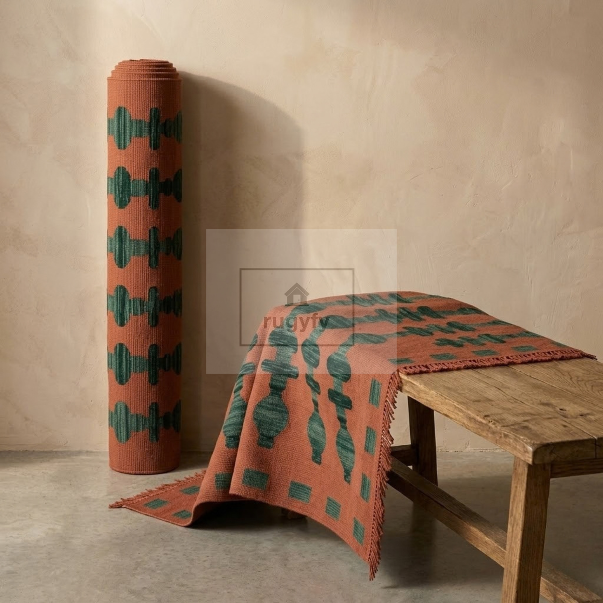 Terracotta & Forest Green Turkish Oushak Rug | 5x8 8x10 ft Hand-Knotted Wool | Living Room Bedroom Rug