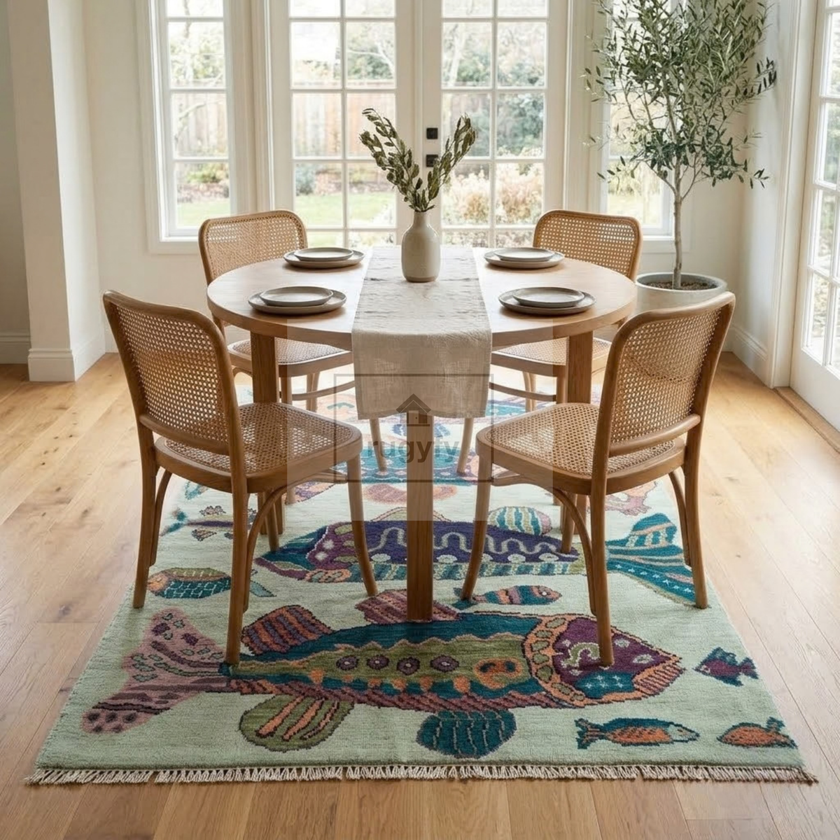 Mint Green & Teal Vintage Oushak Area Rug | 9x12 10x14 ft Hand-Knotted Wool | Living Room Dining Room