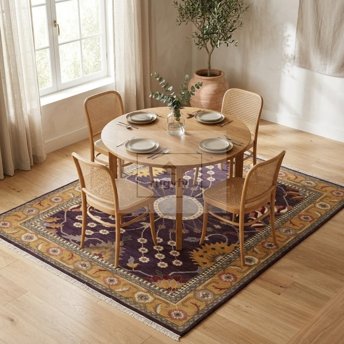 Dark Plum & Gold Turkish Oushak Rug | 5x8 8x10 ft Hand-Knotted New Zealand Wool | Living Room Bedroom Rug