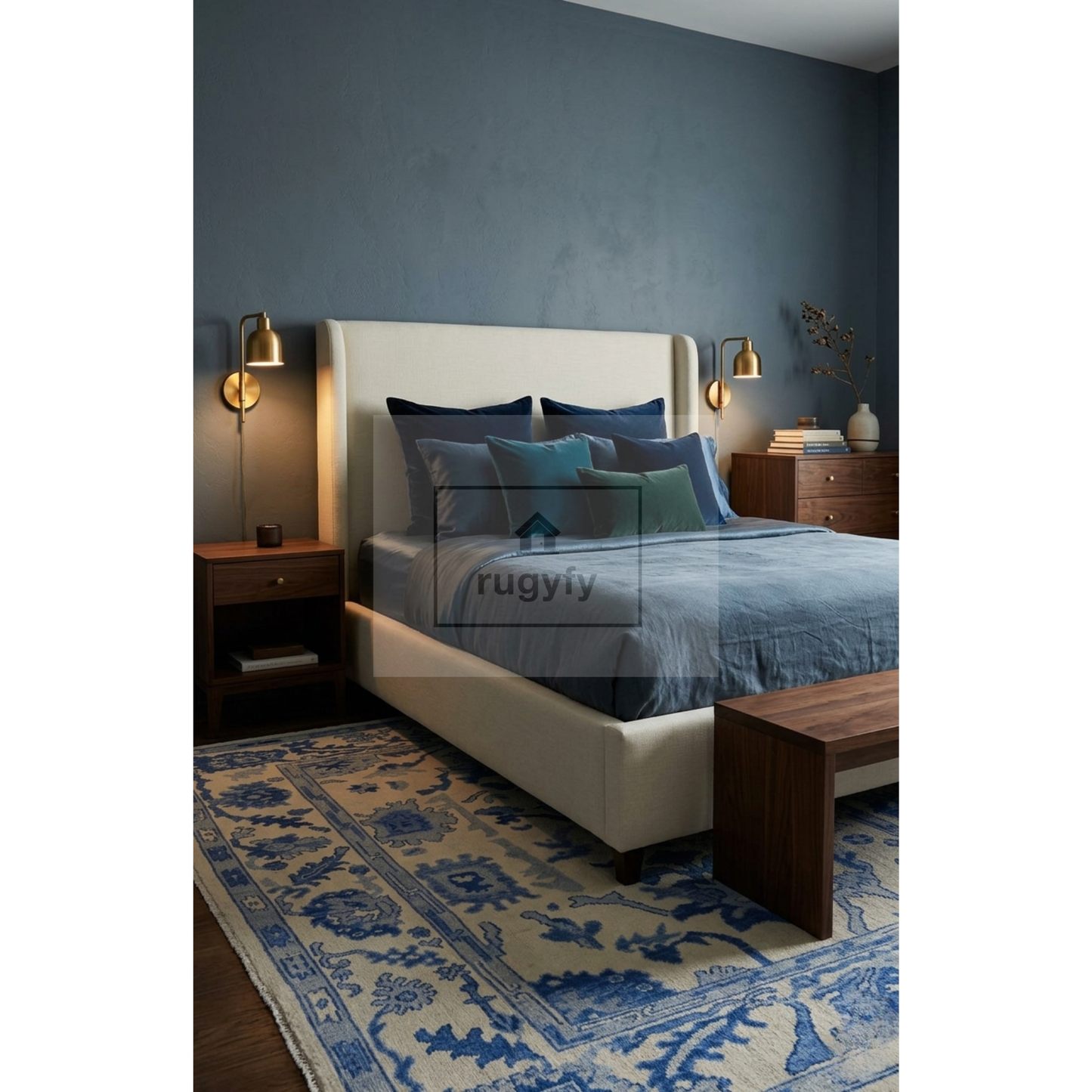 Ivory & Blue Oushak Rug – Hand Knotted Turkish Wool Area Rug for Living Room