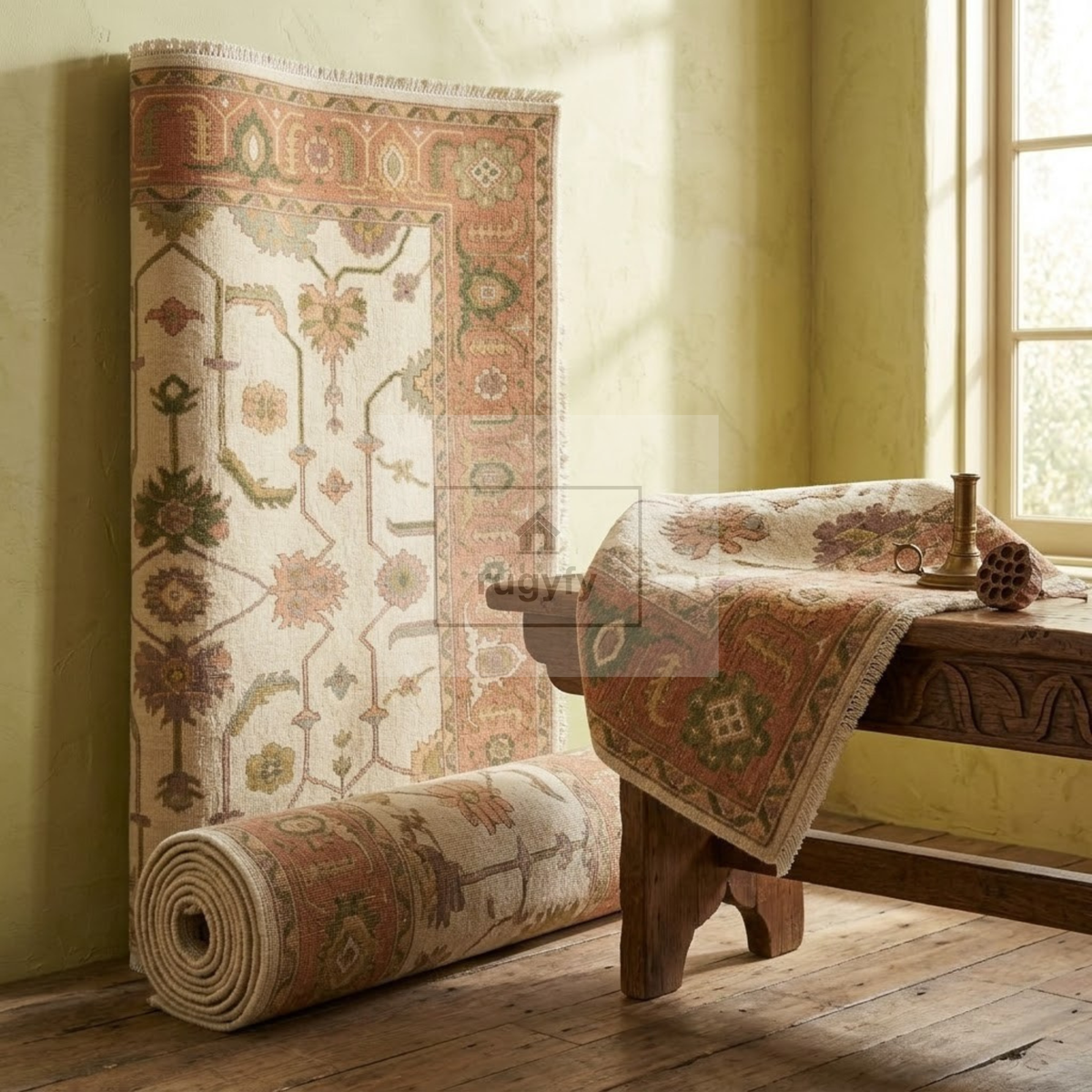 Ivory & Blush Pink Sultanabad Oushak Rug | Hand-Knotted Wool 8x10 9x12 | Olive Green Palmette Area Rug