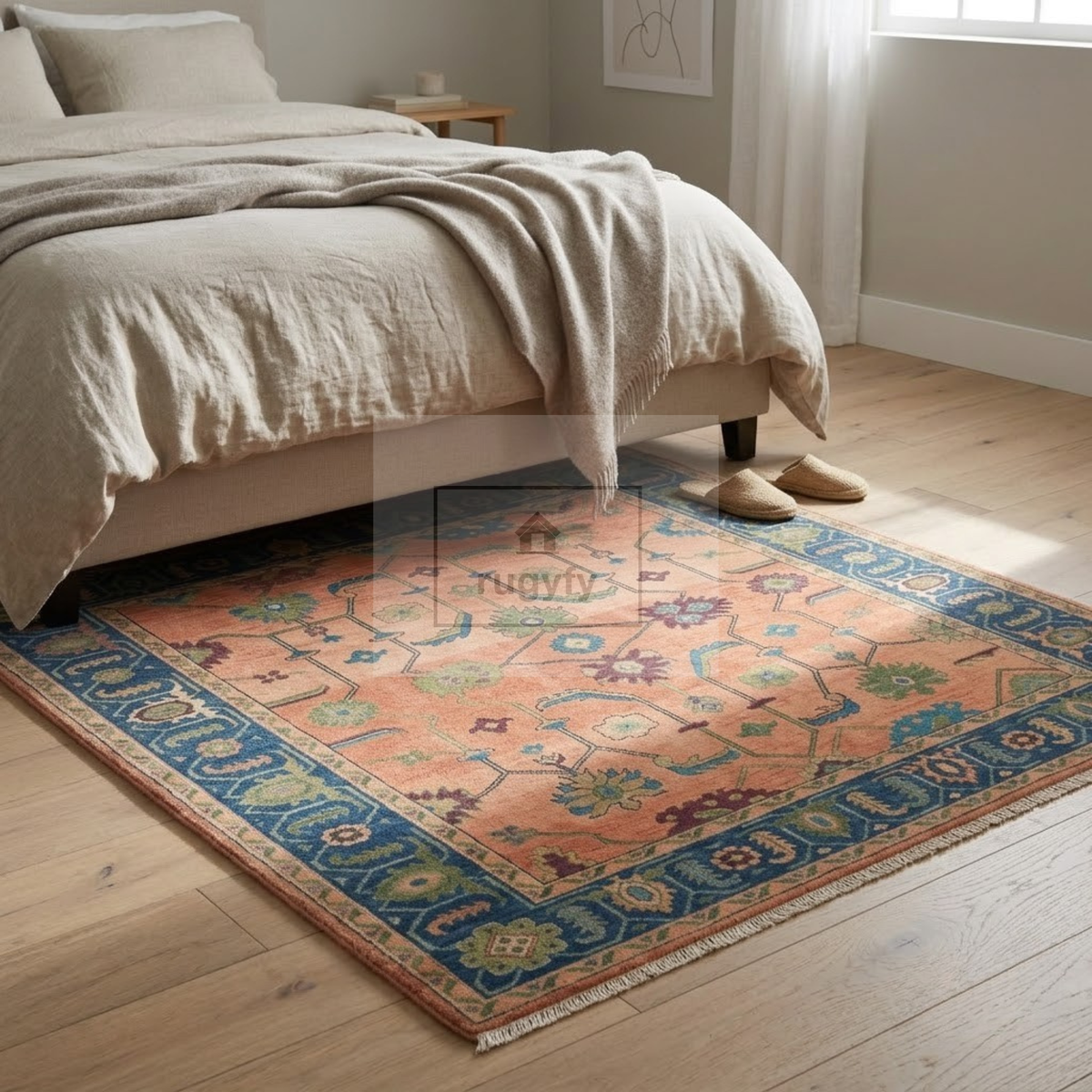 Coral & Navy Blue Sultanabad Oushak Rug | Hand-Knotted Wool 8x10 9x12 | Terracotta Palmette Area Rug