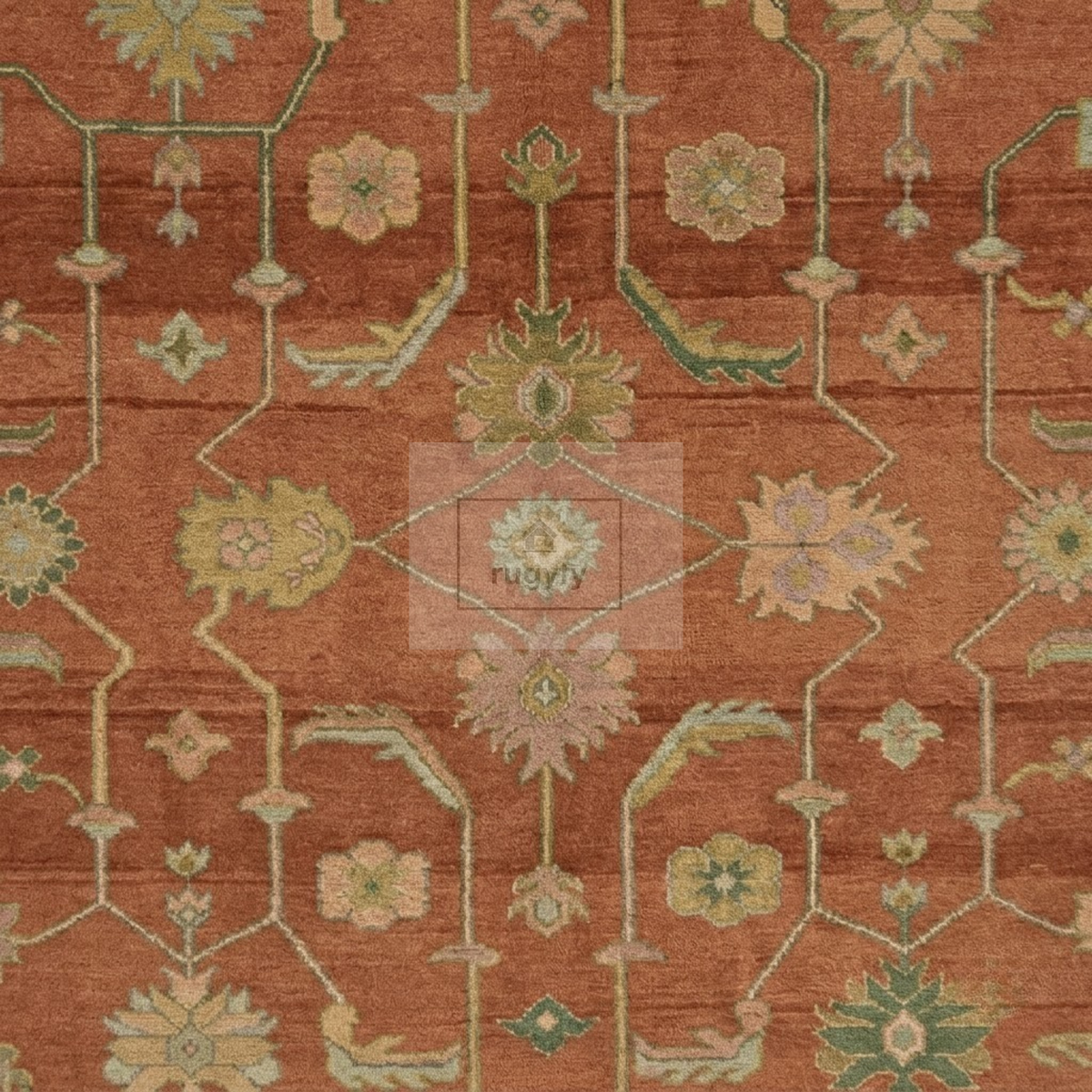 Rust Terracotta & Sage Green Sultanabad Oushak Rug | Hand-Knotted Wool 8x10 9x12 | Earthy Palmette Rug
