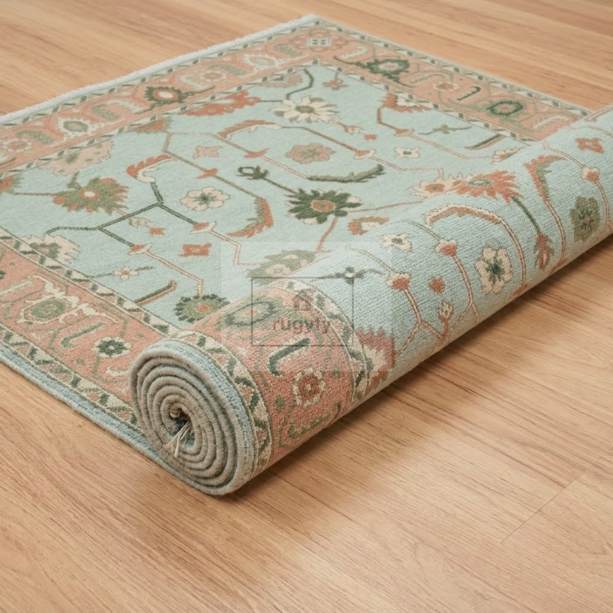 Seafoam Aqua & Coral Sultanabad Oushak Rug | Hand-Knotted Wool 8x10 9x12 | Mint & Peach Palmette Rug