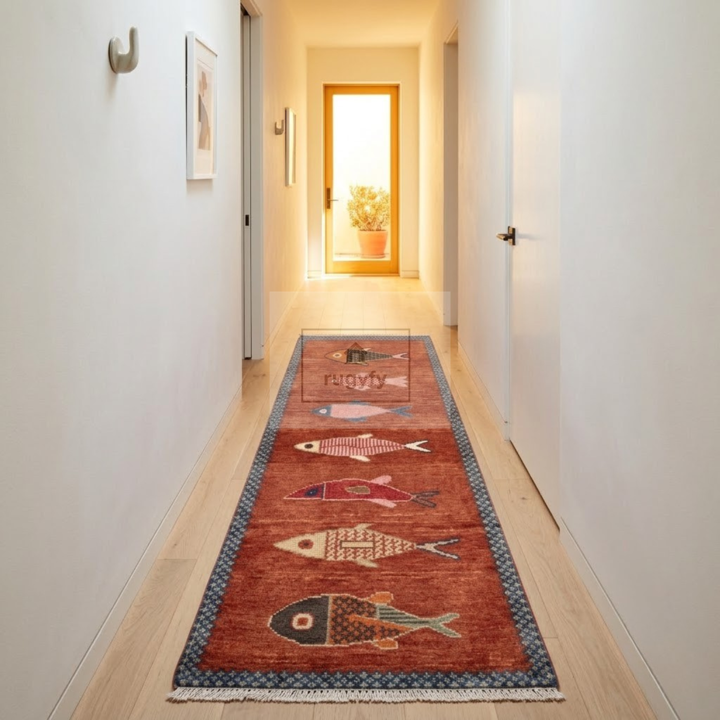 Terracotta Fish Motif Hand-Knotted Wool Rug | 2026's Trending Rust Pictorial Rug for Living Room