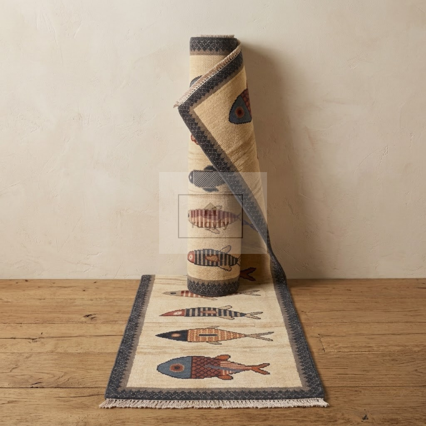 Ivory Fish Motif Hand-Knotted Wool Rug | Quiet Luxury Pictorial Rug for Nursery &amp; Living Room