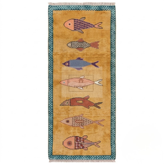 Golden Fish Motif Hand-Knotted Wool Rug | Whimsical Pictorial Folk Art Area Rug for Living Room
