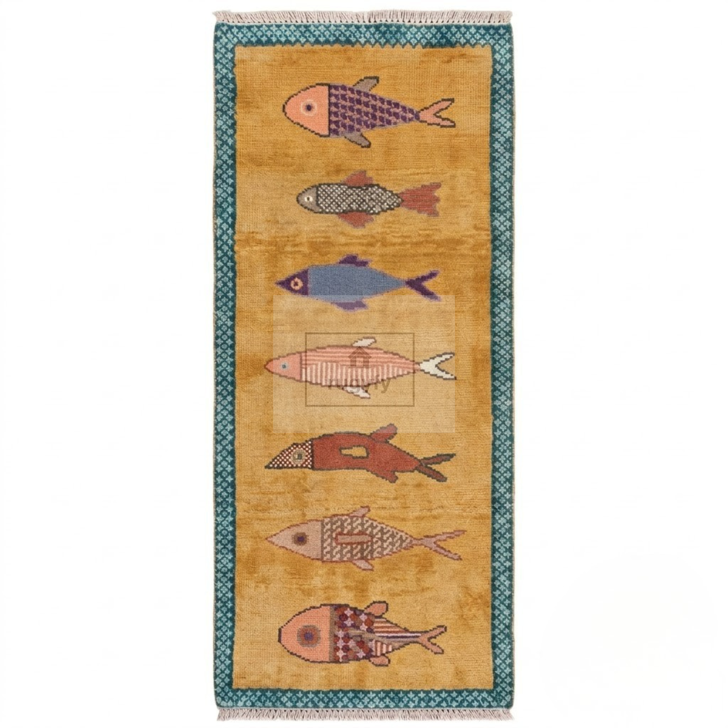 Golden Fish Motif Hand-Knotted Wool Rug | Whimsical Pictorial Folk Art Area Rug for Living Room
