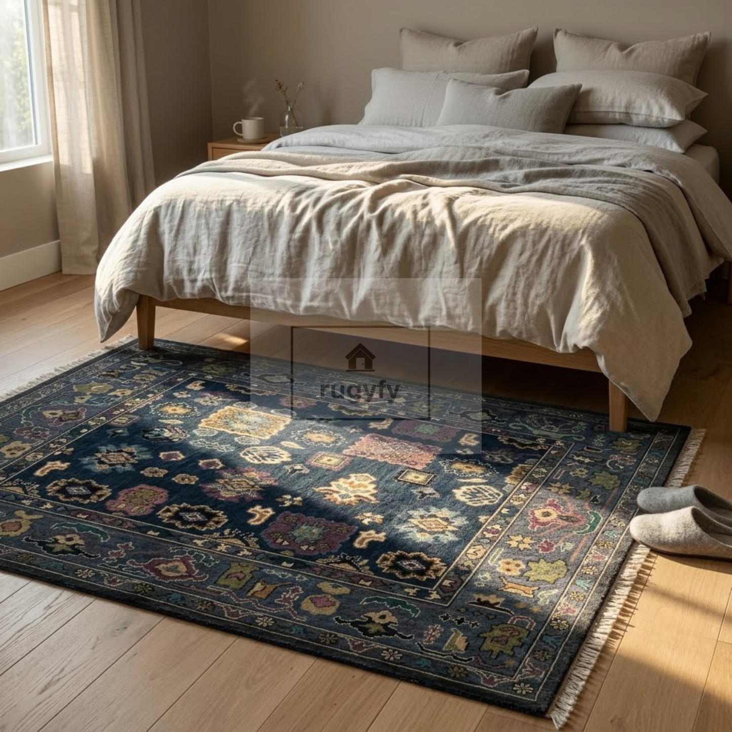 Midnight Navy Oushak Rug | Hand-Knotted Wool Area Rug with Plum, Teal & Antique Gold