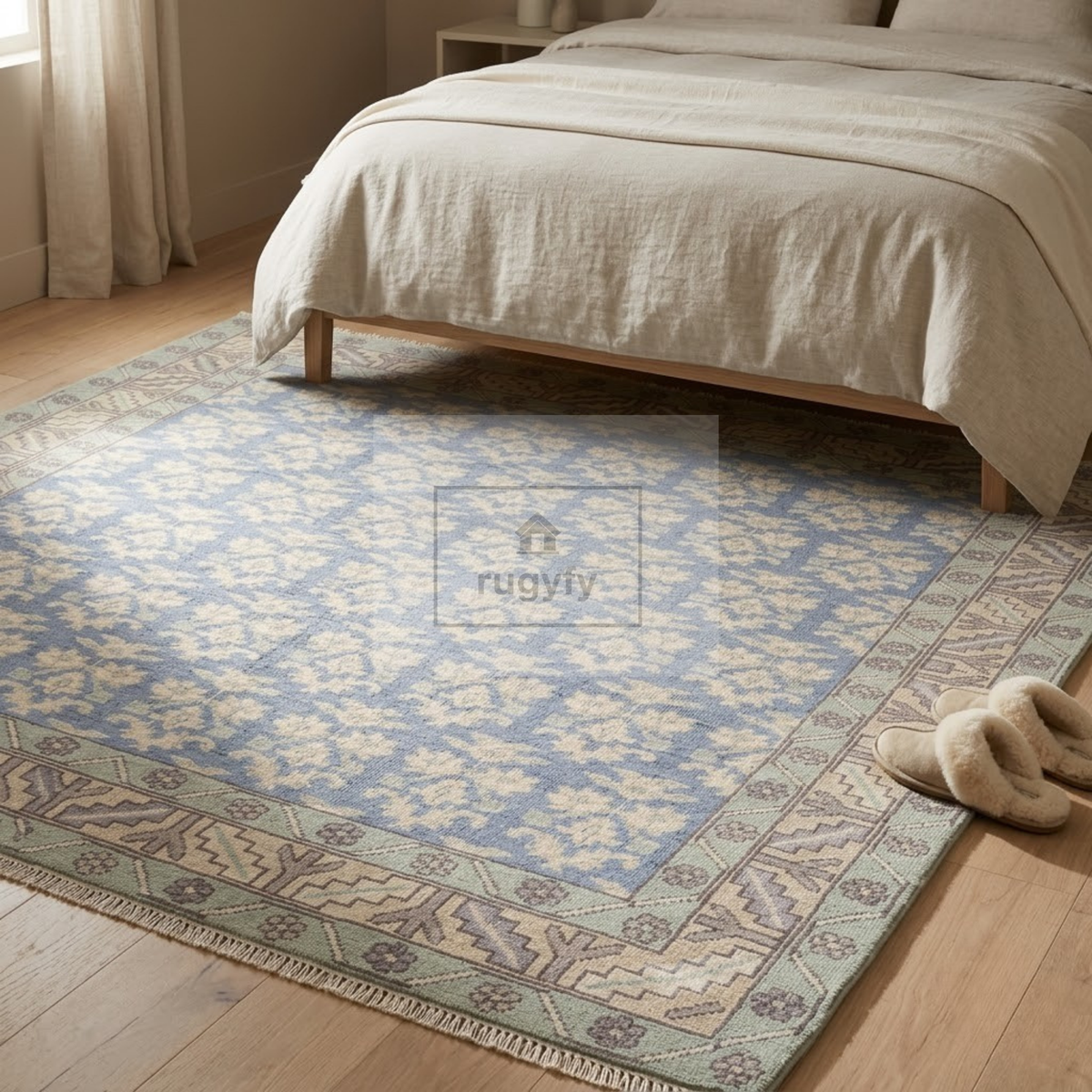 Dusty Blue & Ivory Oushak Area Rug | 8x10 9x12 ft Hand-Knotted New Zealand Wool | Periwinkle Floral Turkish Living Room Rug