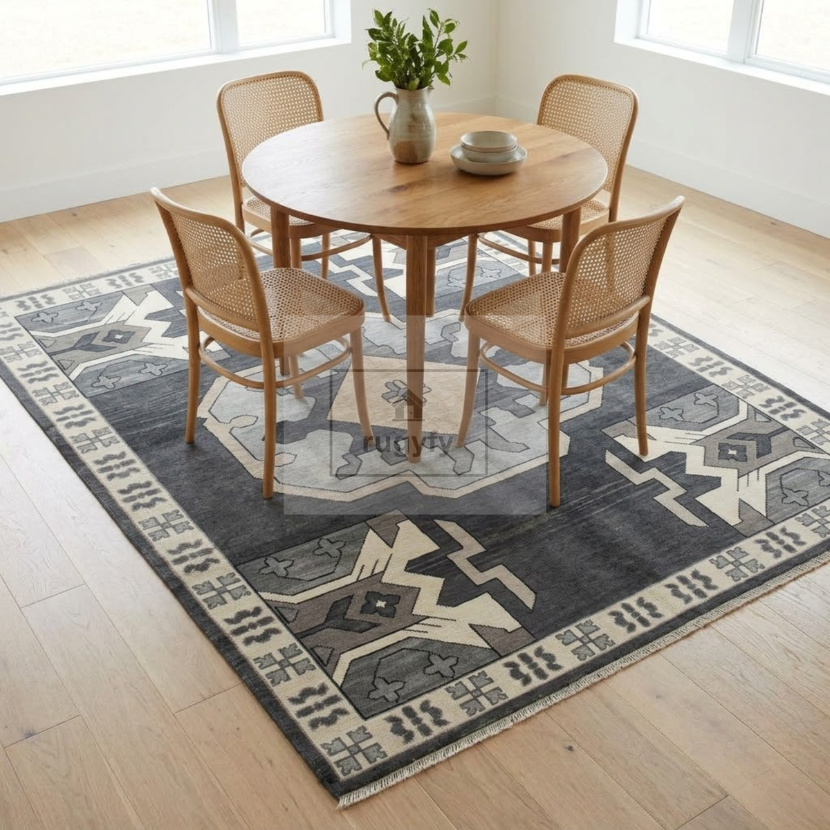 Charcoal & Ivory Oushak Wool Rug | 6x9 8x10 ft Hand-Knotted | Bedroom Living Room Area Rug