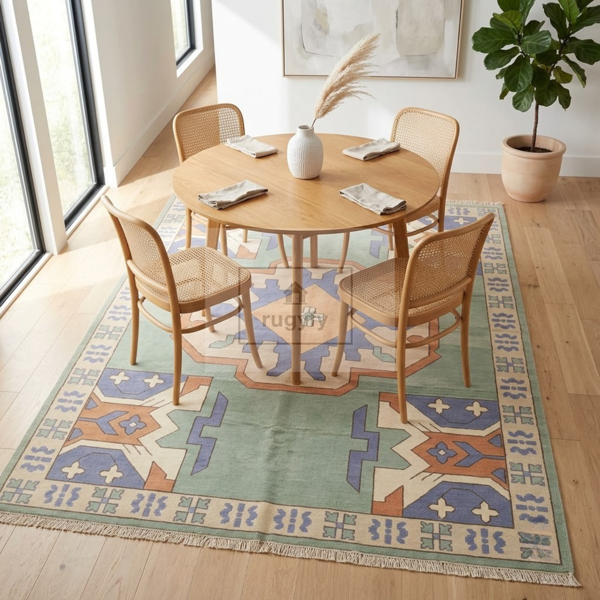 Sage Green & Blue Turkish Oushak Rug | 5x8 8x10 ft Hand-Knotted Wool | Living Room Bedroom Rug