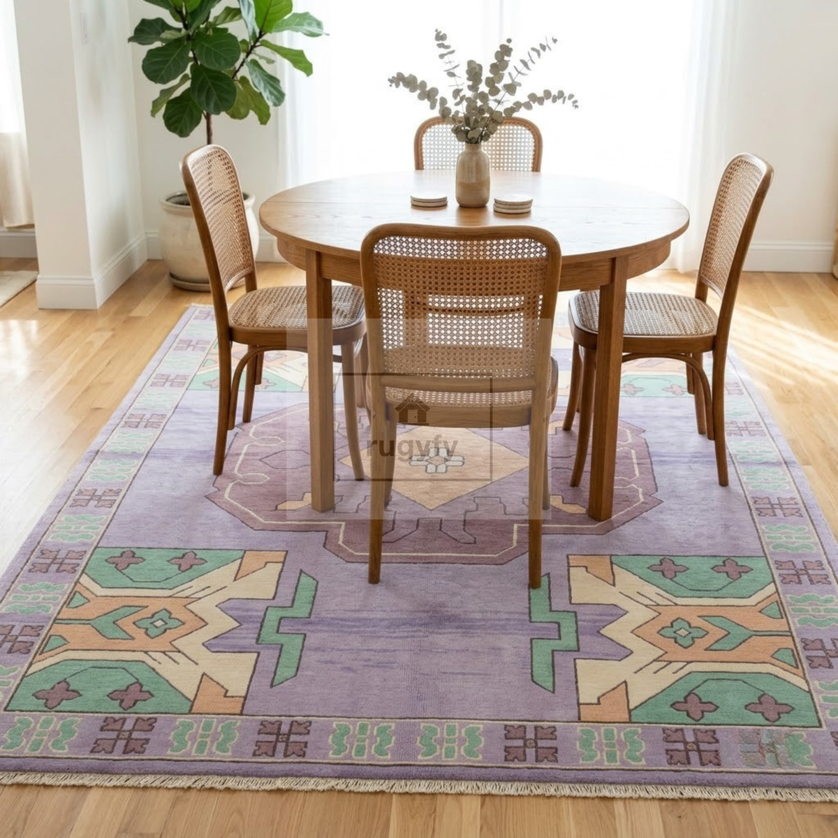 Lavender & Mint Kazak Rug | Hand-Knotted Geometric Medallion Wool Rug | Bedroom & Nursery 8x10