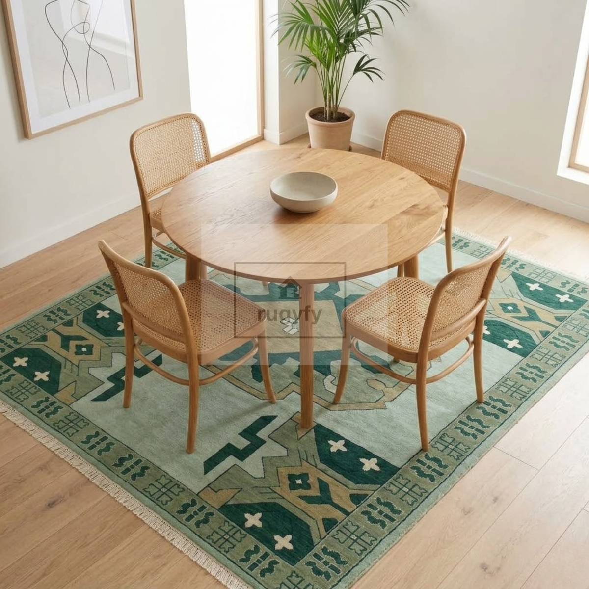 Mint & Forest Green Kazak Rug | Hand-Knotted Geometric Medallion Wool Rug | Farmhouse Dining Room 9x12