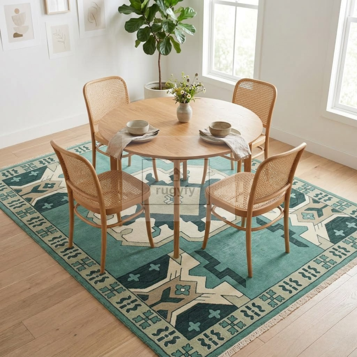 Jade Green & Cream Kazak Rug | Hand-Knotted Tribal Medallion Wool Area Rug | Living Room Entryway 8x10