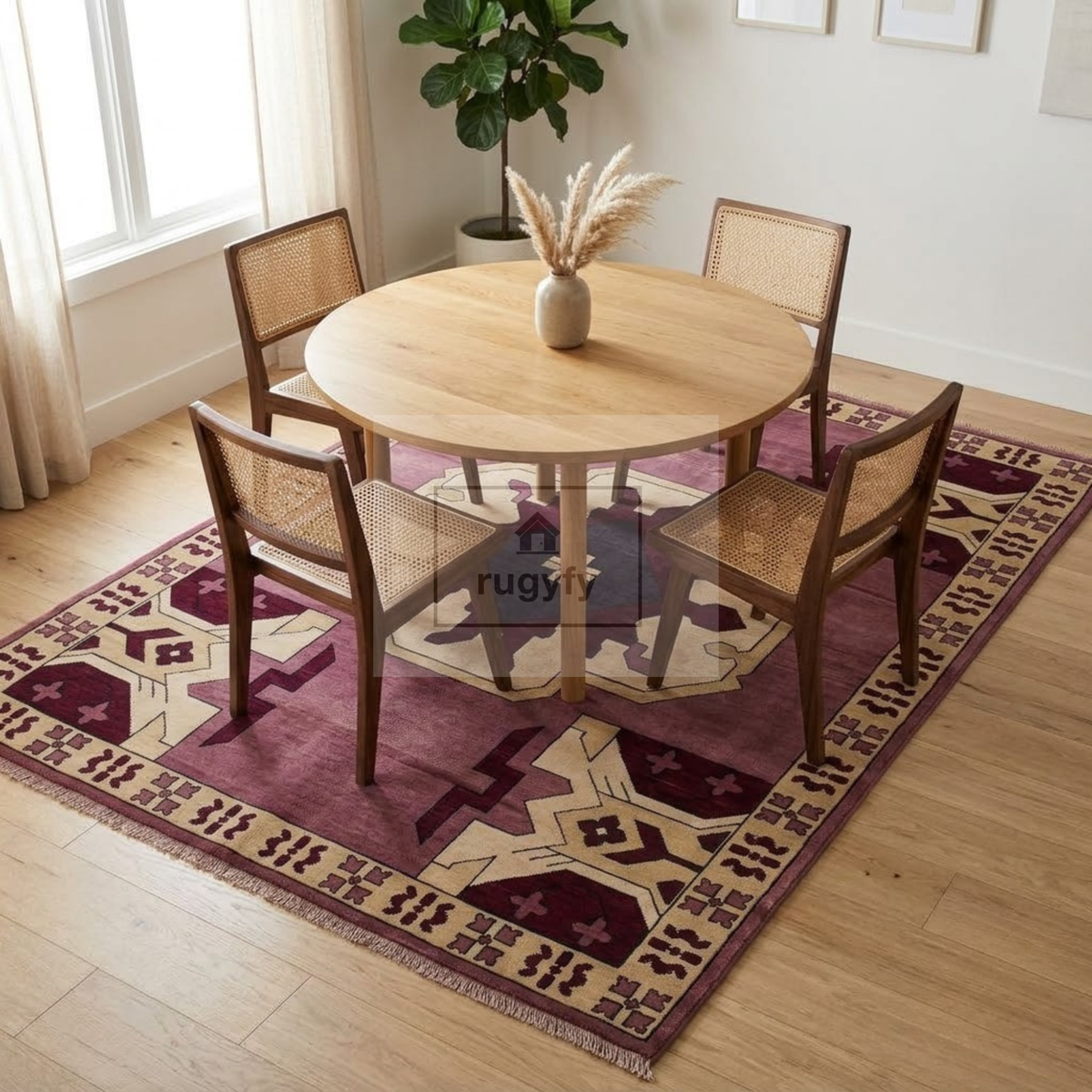 Burgundy & Gold Kazak Rug | Hand-Knotted Caucasian Tribal Geometric Wool Rug | Library Den Living Room 9x12