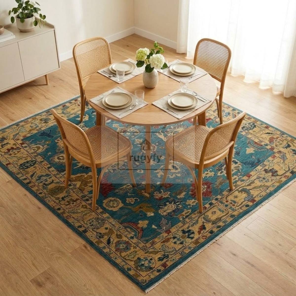 Teal & Gold Oushak Wool Rug | 6x9 8x10 ft Hand-Knotted | Bedroom Living Room Area Rug