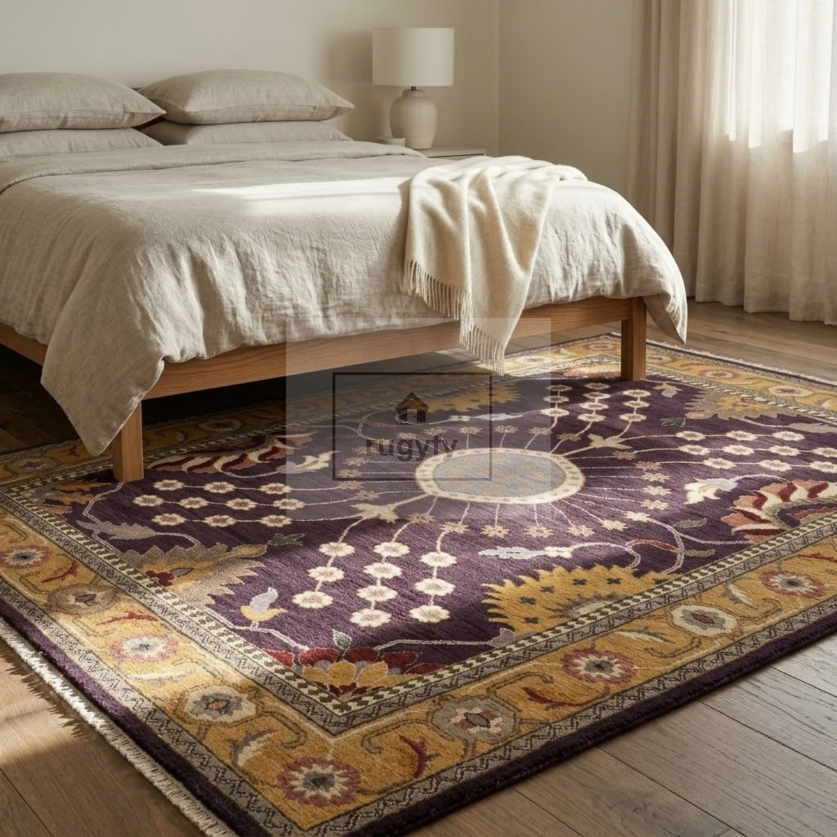 Dark Plum & Gold Turkish Oushak Rug | 5x8 8x10 ft Hand-Knotted New Zealand Wool | Living Room Bedroom Rug