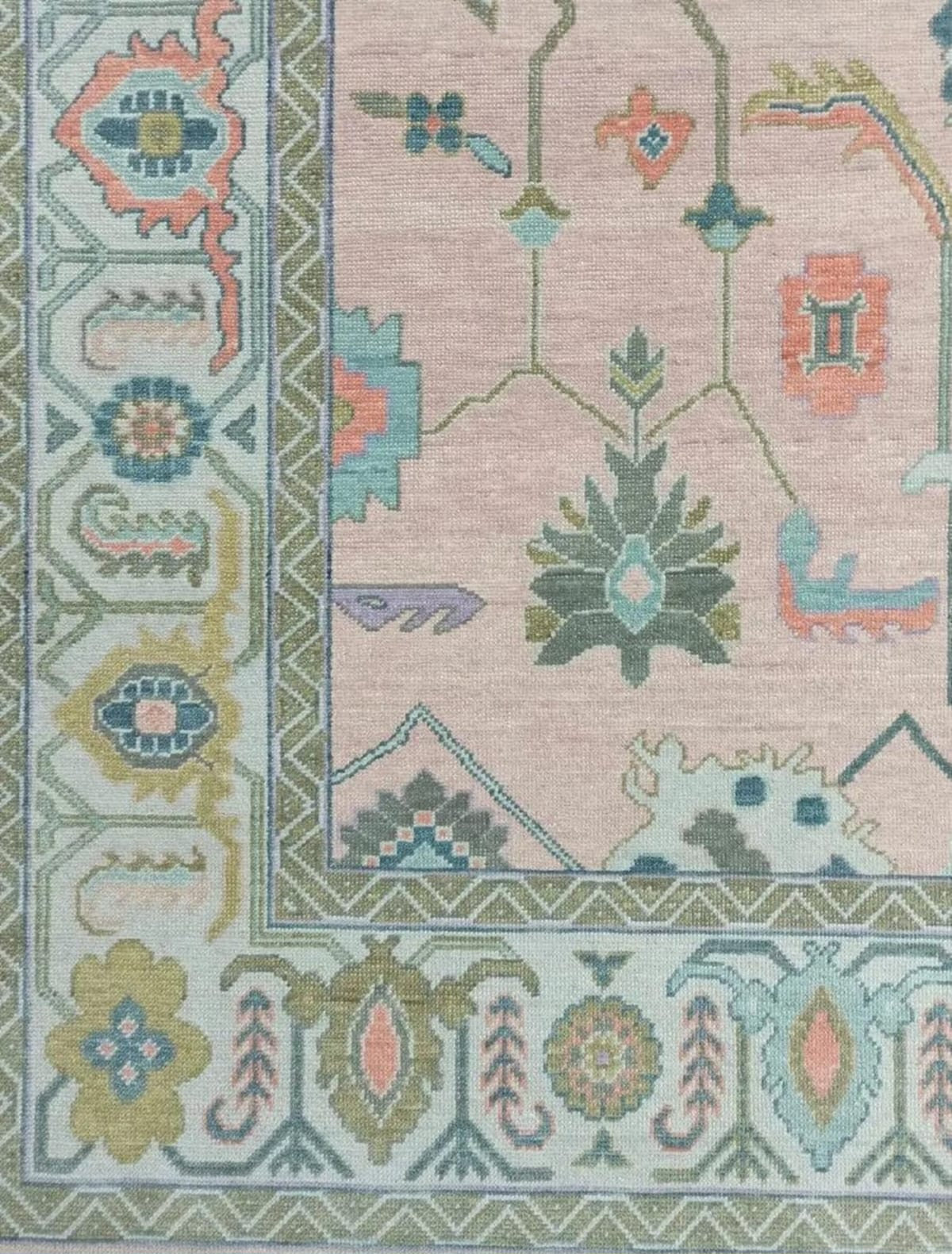 Blush Pink & Sage Green Hand-Knotted Turkish Oushak Rug | Pastel Floral Wool Area Rug for Living Room