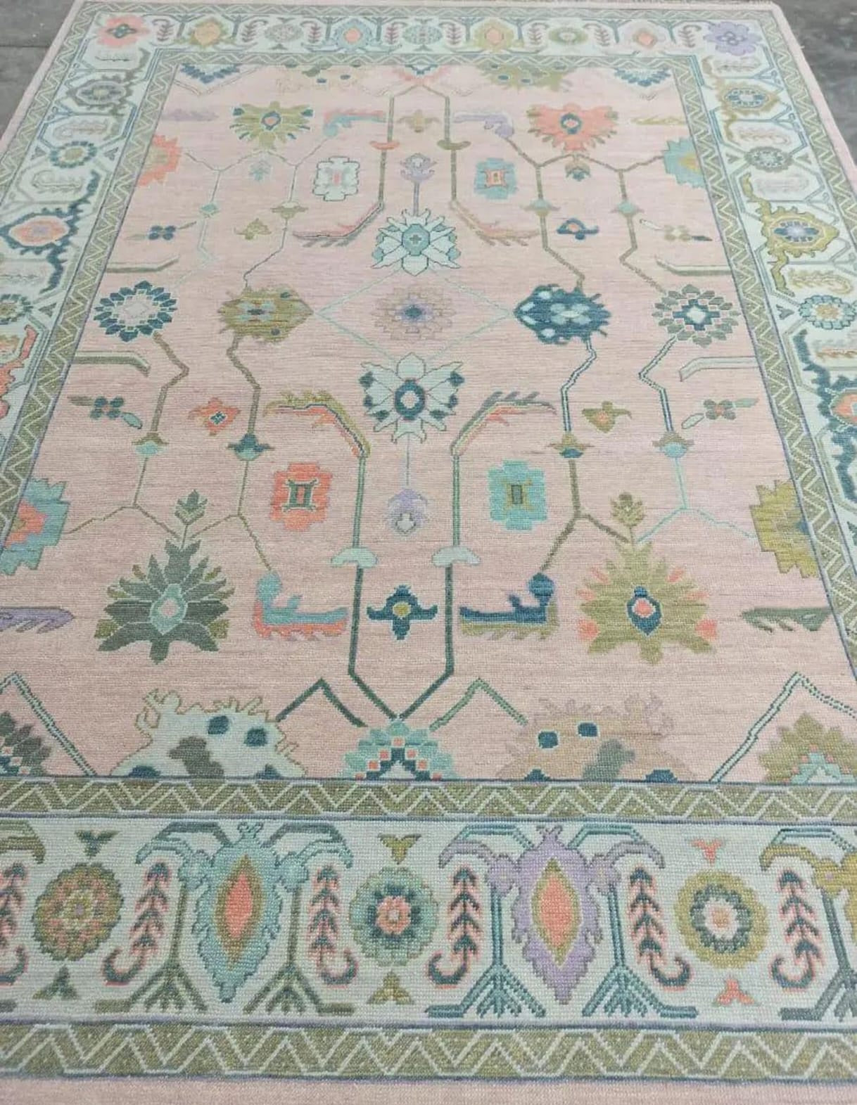Blush Pink & Sage Green Hand-Knotted Turkish Oushak Rug | Pastel Floral Wool Area Rug for Living Room