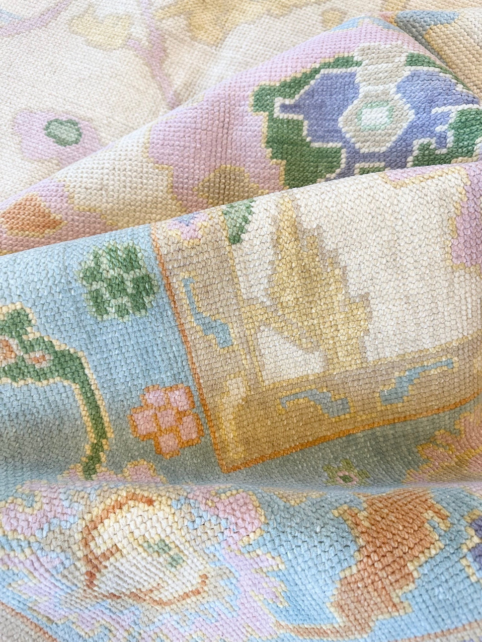 Handmade Wool Oushak Rug – Turkish Pastel Floral Carpet, Vintage Area Rug for Living Room & Bedroom