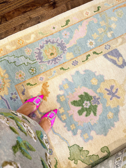 Handmade Wool Oushak Rug – Turkish Pastel Floral Carpet, Vintage Area Rug for Living Room & Bedroom