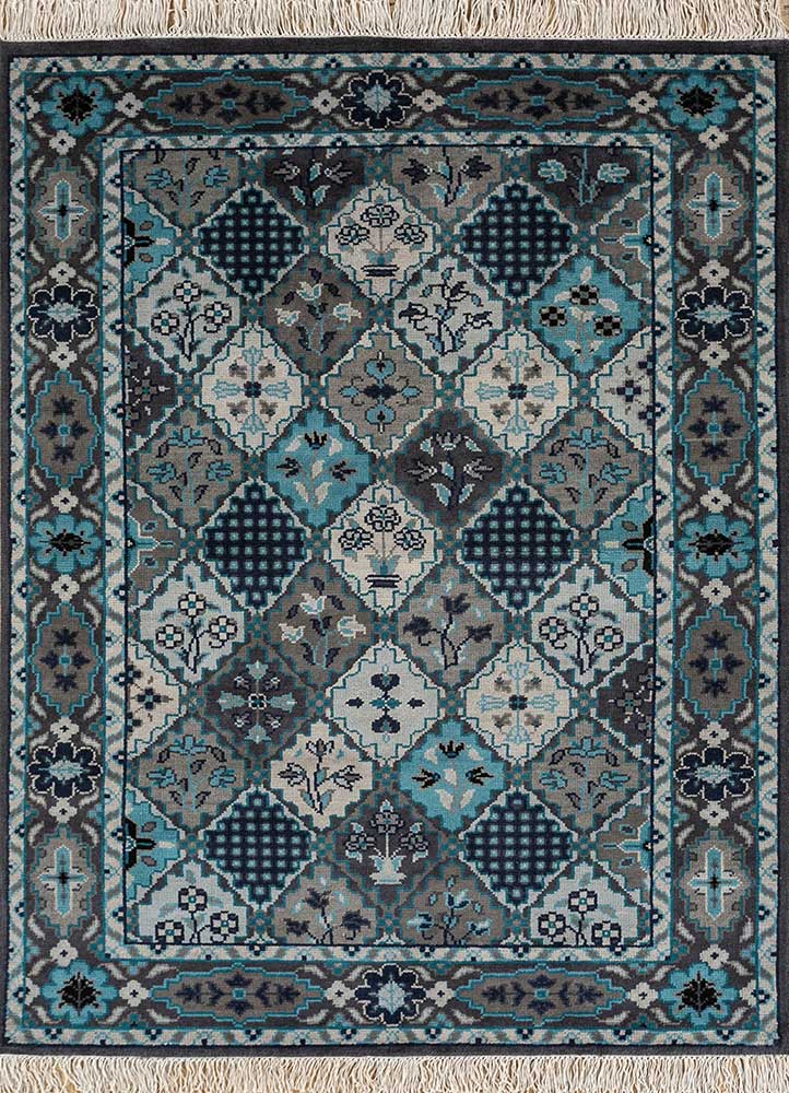 Handmade Knotted Traditional Design Area Rug , Blue and Black Traditional Area Rug For Living Room