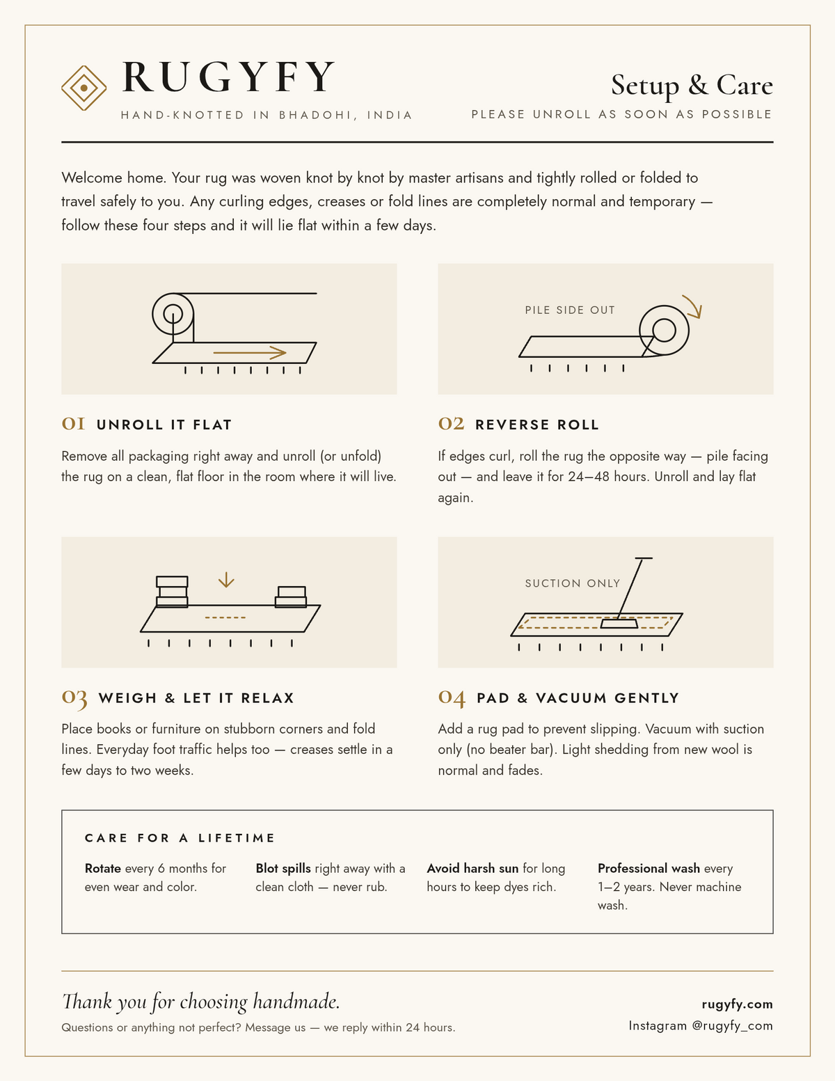 RUGYFY hand-knotted rug setup and care guide – how to unroll, reverse roll, flatten and clean your rug