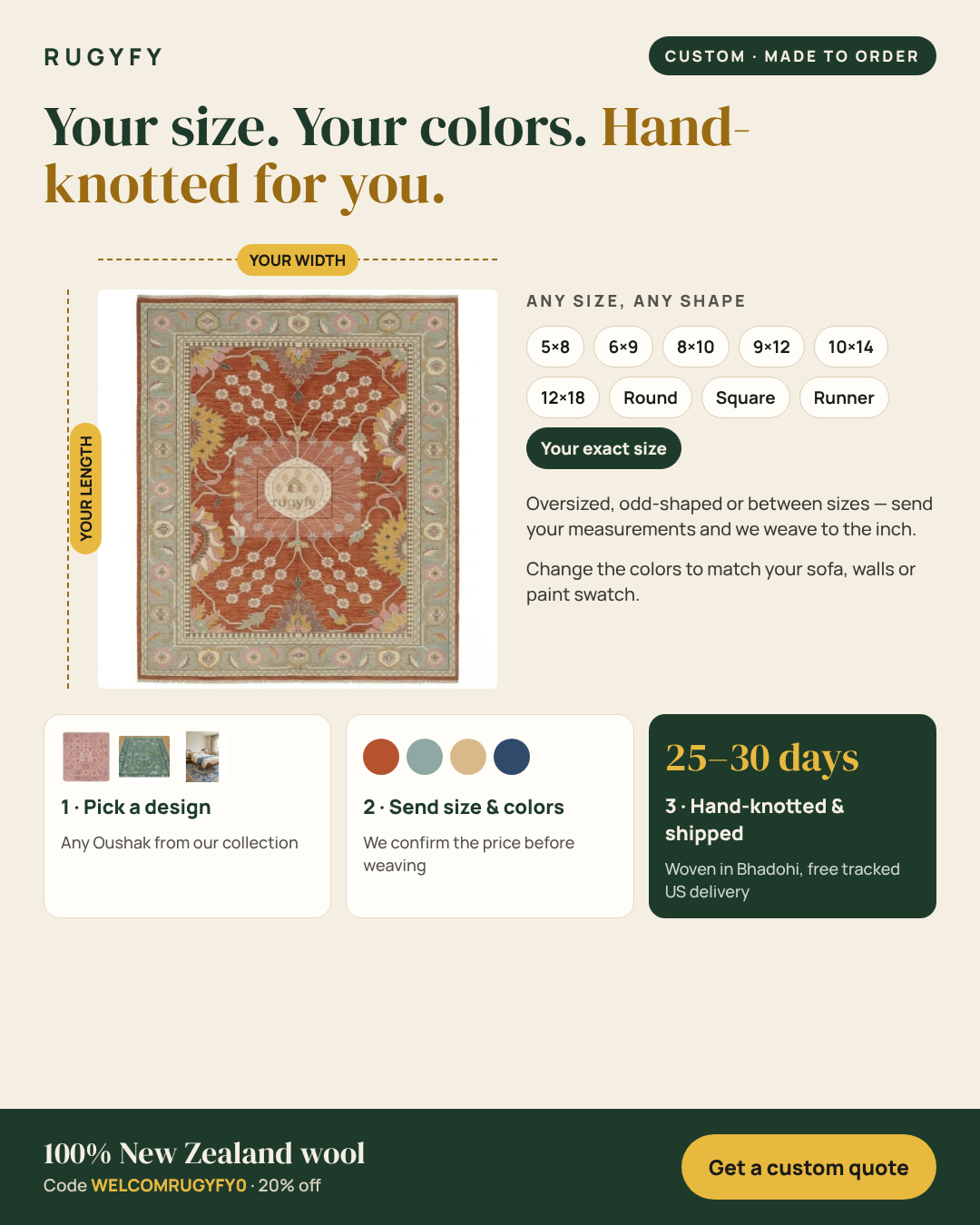RUGYFY ad - custom size hand-knotted Oushak rugs