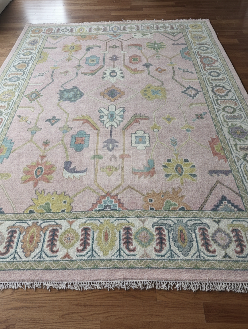 Blush Pink & Sage Green Hand-Knotted Turkish Oushak Rug | Pastel Floral Wool Area Rug for Living Room