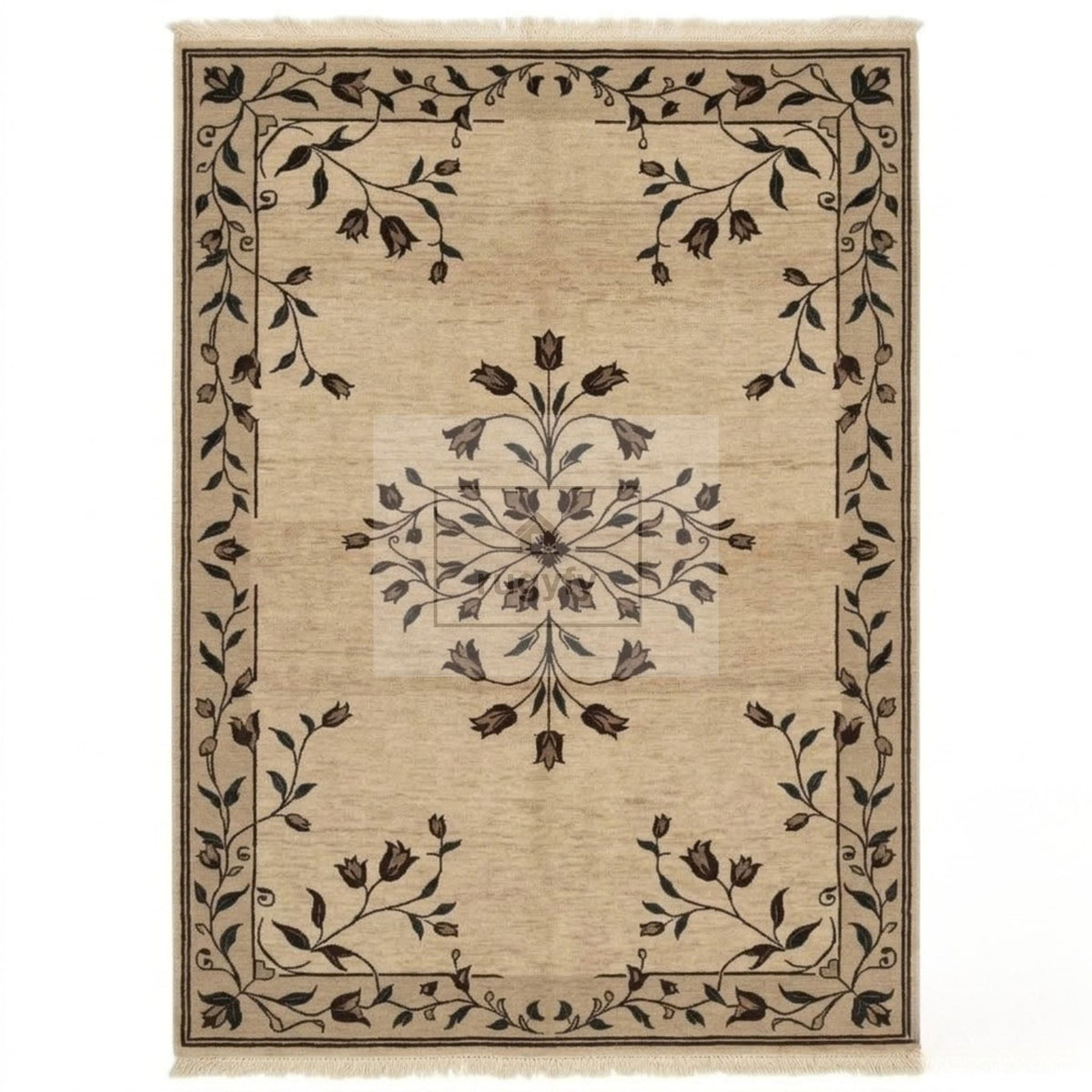 Beige and dark brown floral Oushak rug with tulip vine border, hand-knotted 100% New Zealand wool area rug by RUGYFY