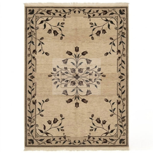 Beige and dark brown floral Oushak rug with tulip vine border, hand-knotted 100% New Zealand wool area rug by RUGYFY