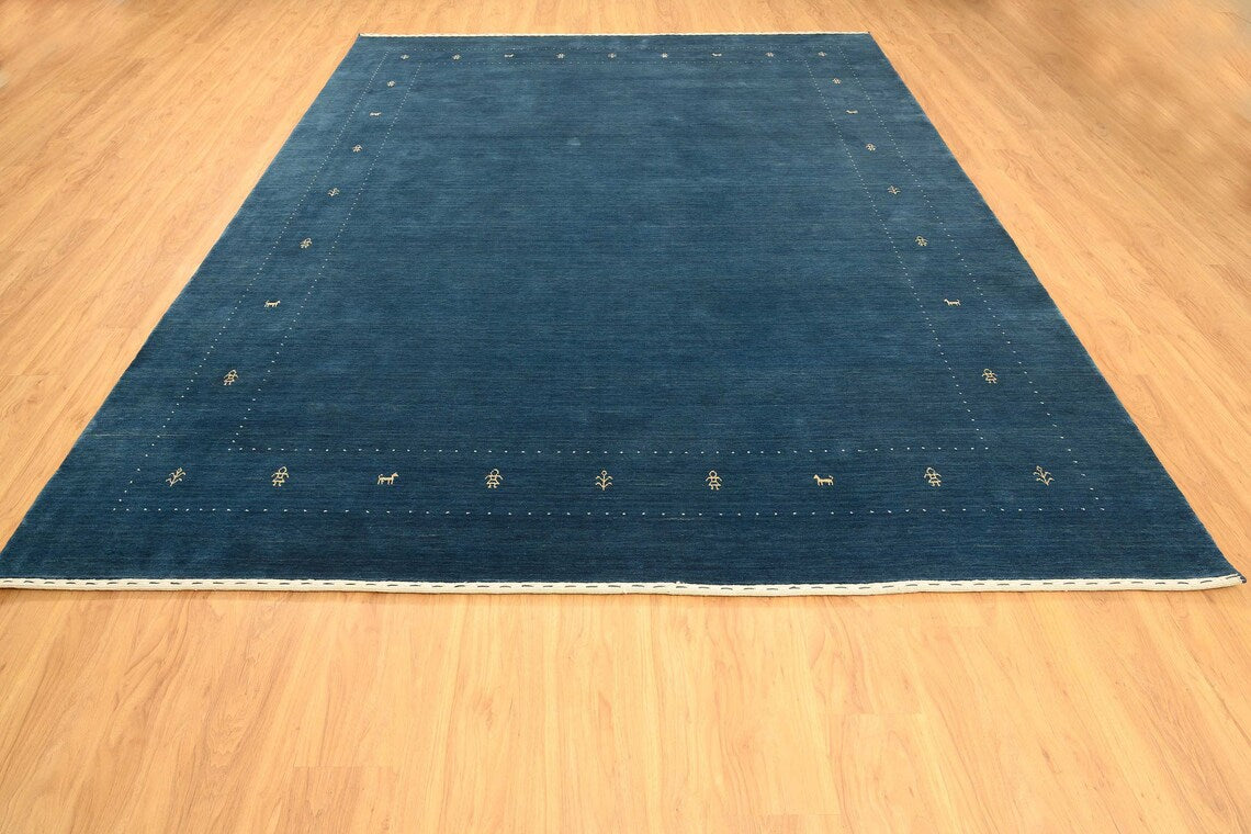 Blue Gabbeh Rug, Minimal Design Area Rug Soft Pile, Living Room Rug In Yellow And Ivory, 9x12 Turkish Rug Quick Ship: Adelaide Wool Rug