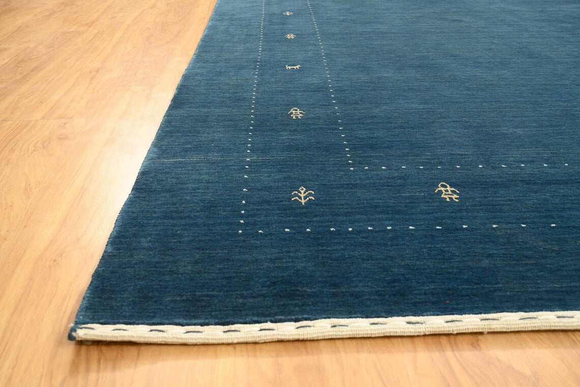 Blue Gabbeh Rug, Minimal Design Area Rug Soft Pile, Living Room Rug In Yellow And Ivory, 9x12 Turkish Rug Quick Ship: Adelaide Wool Rug