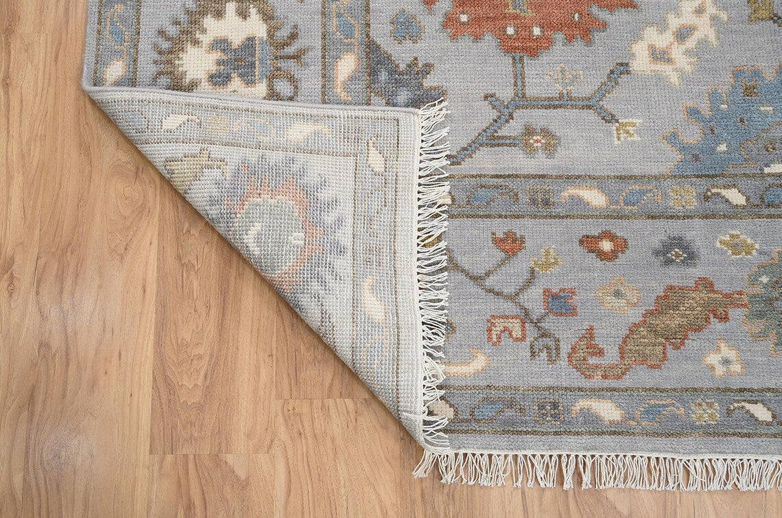 Neutral Silver Oushak Rug, Gray Turkish Rug Handknotted With Blue, Gold & Rust Highlights, Muted Wool Rug: Misty Marvel Area Rug