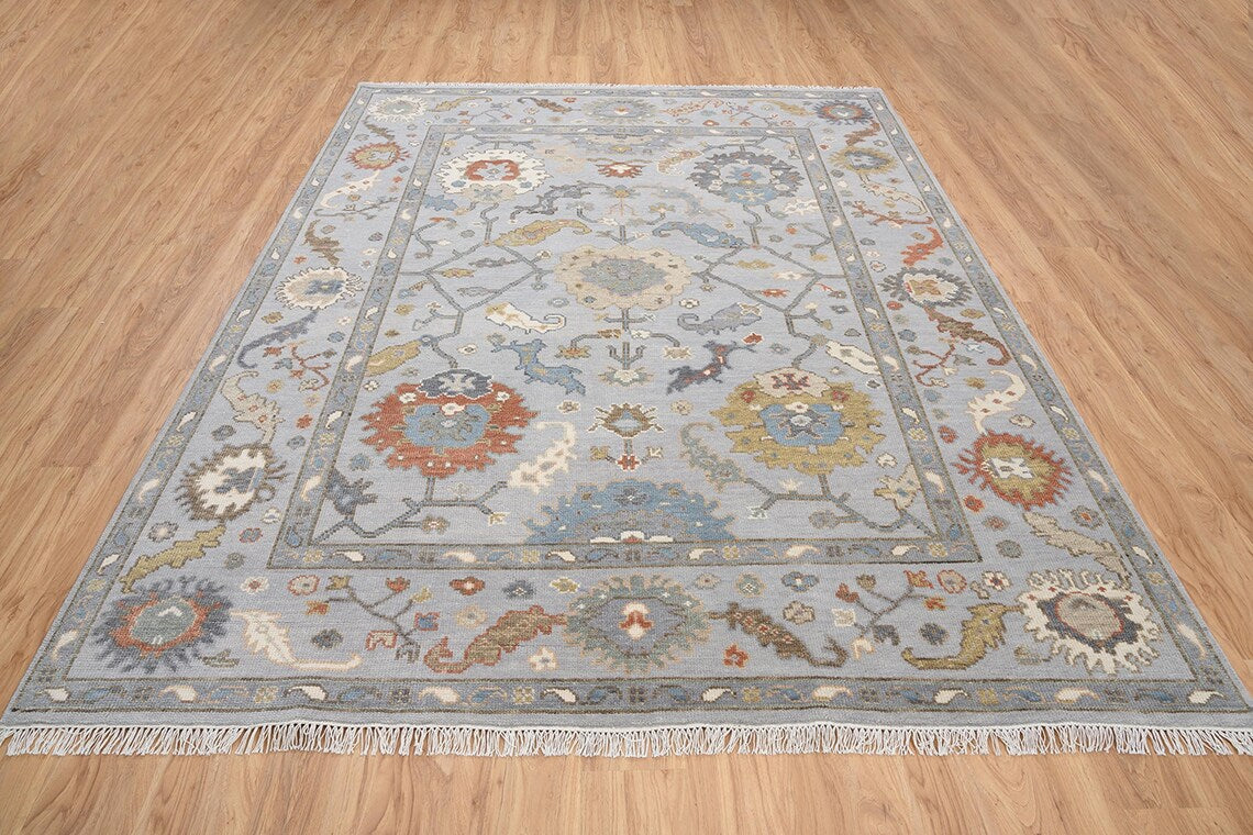 Neutral Silver Oushak Rug, Gray Turkish Rug Handknotted With Blue, Gold & Rust Highlights, Muted Wool Rug: Misty Marvel Area Rug