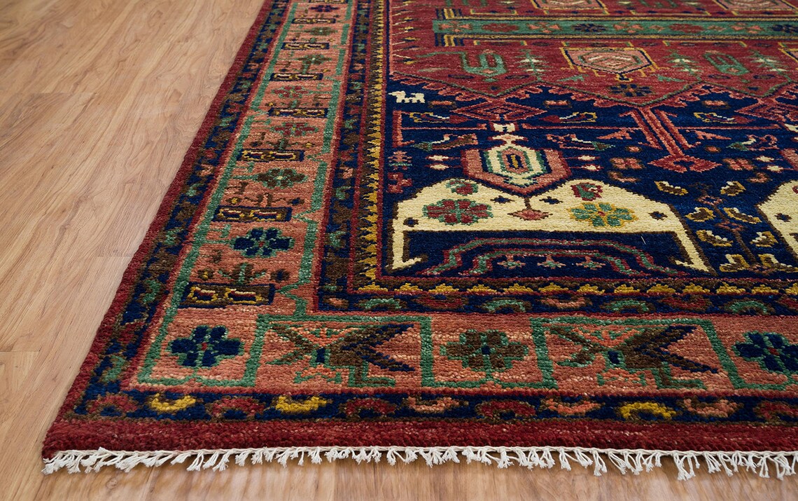 Burgundy Red Gold Oriental Rug, Persian Rug With Tribal Geometric Pattern, Quick Ship Black & Blue Wool Rug: Midnight Rain Area Rug