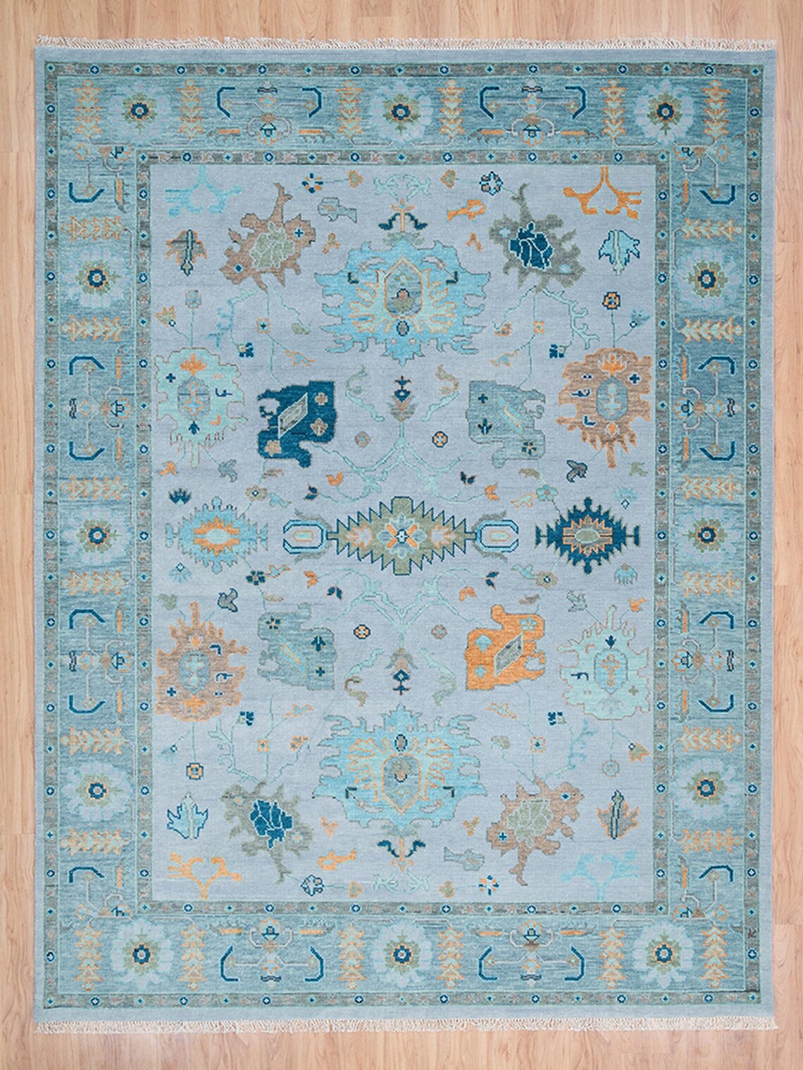 Blue Oushak Rug, Faint Hint Of Lavender and Ocean Gray Border Turkish Rug | Navy & Orange Accent Modern Area Rug: Florence Wool Rug