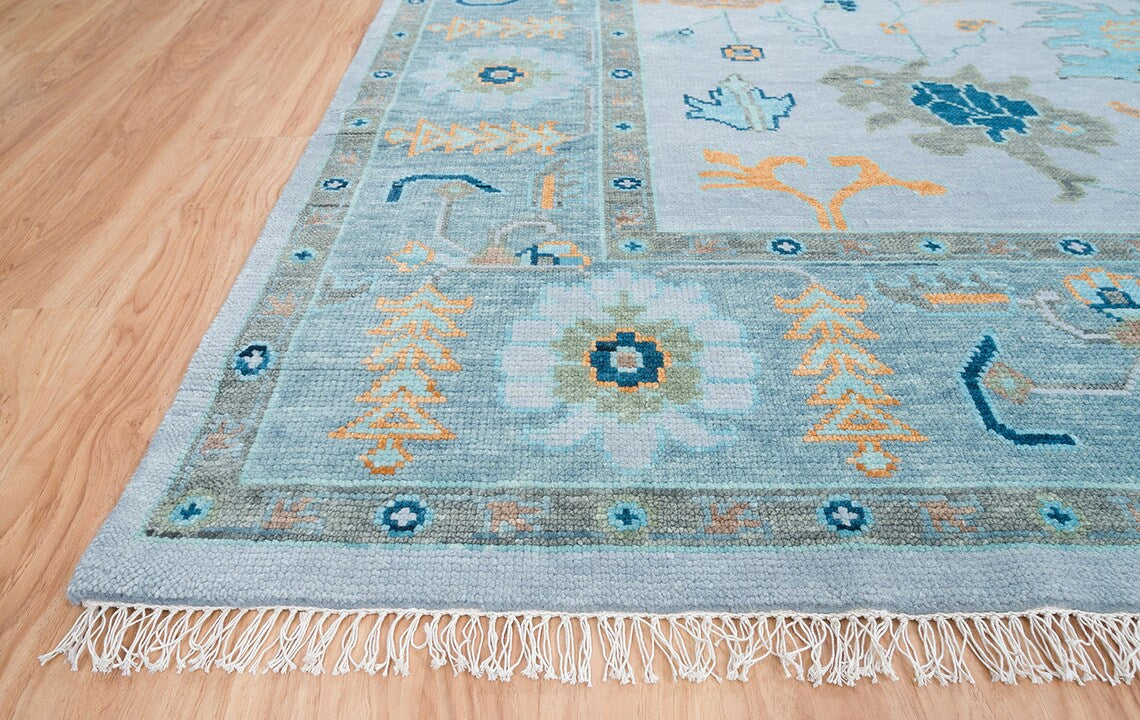 Blue Oushak Rug, Faint Hint Of Lavender and Ocean Gray Border Turkish Rug | Navy & Orange Accent Modern Area Rug: Florence Wool Rug