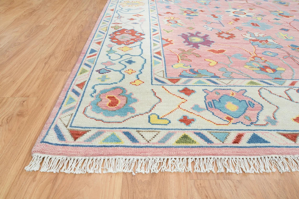 6x9 Ivory And Pink Rug, Modern Oushak Turkish Rug, Colorful Area Rug With White Border For Valentine's: A Pink Dream Wool Rug