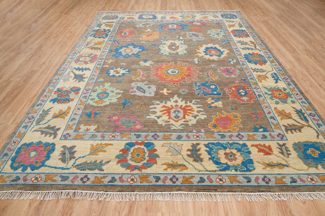 Peanut Brown Oushak Rug, Modern Turkish Rug, Handknotted Wool Rug With Accents In Blue, Orange & Sand Border: Happy Almond Area Rug