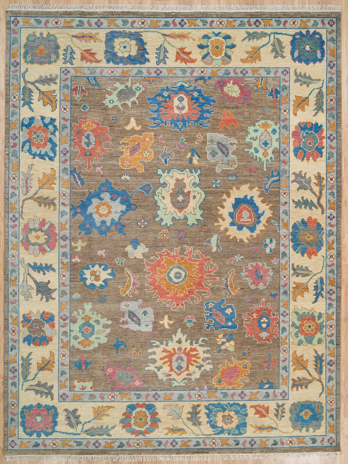 Peanut Brown Oushak Rug, Modern Turkish Rug, Handknotted Wool Rug With Accents In Blue, Orange & Sand Border: Happy Almond Area Rug