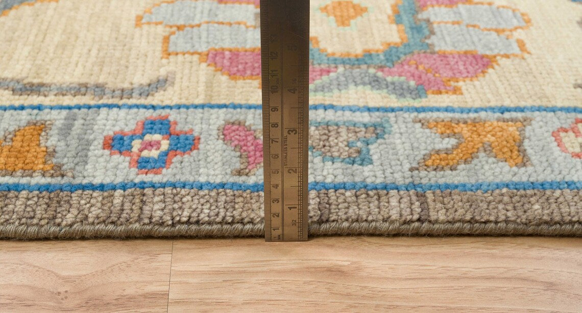 Peanut Brown Oushak Rug, Modern Turkish Rug, Handknotted Wool Rug With Accents In Blue, Orange & Sand Border: Happy Almond Area Rug