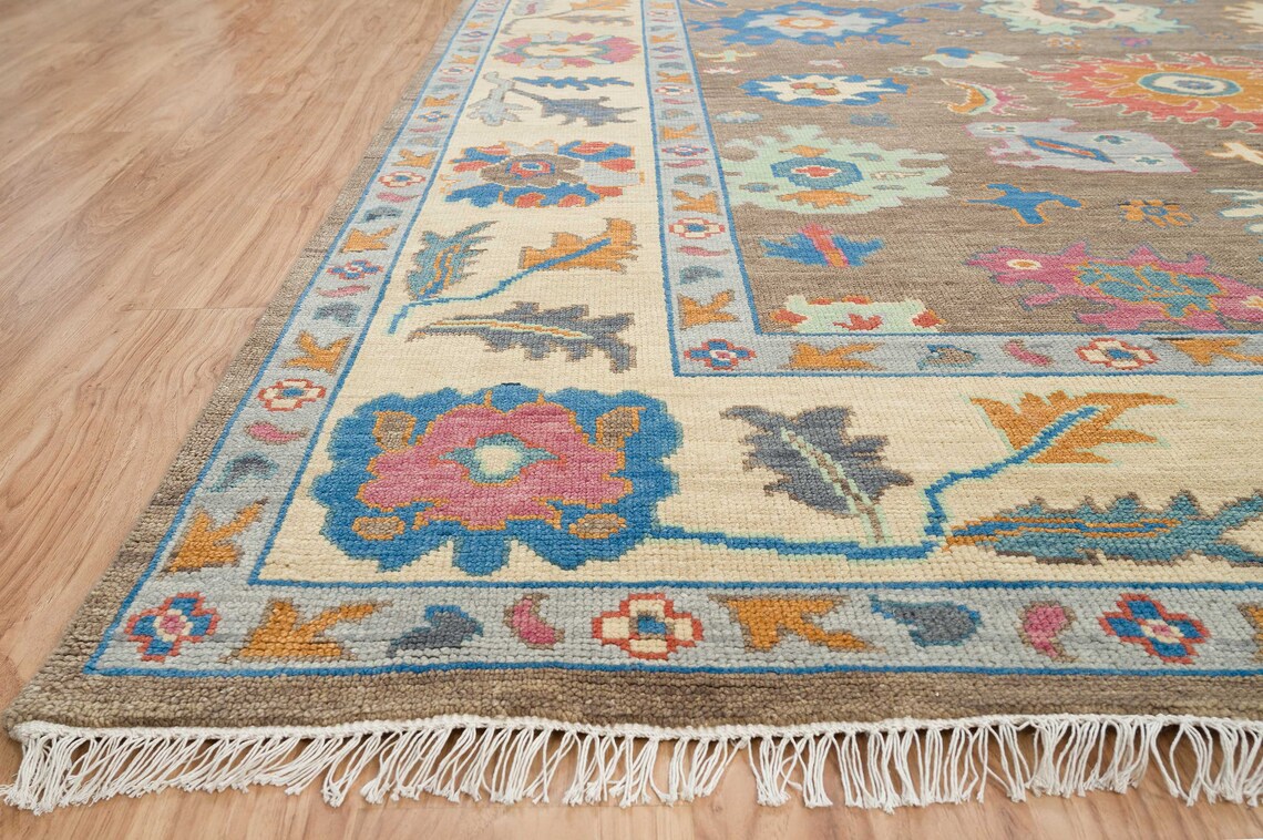 Peanut Brown Oushak Rug, Modern Turkish Rug, Handknotted Wool Rug With Accents In Blue, Orange & Sand Border: Happy Almond Area Rug