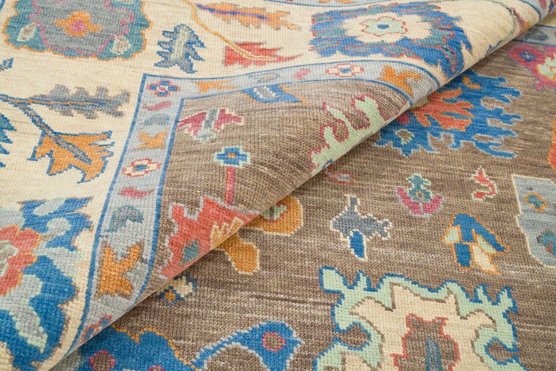 Peanut Brown Oushak Rug, Modern Turkish Rug, Handknotted Wool Rug With Accents In Blue, Orange & Sand Border: Happy Almond Area Rug