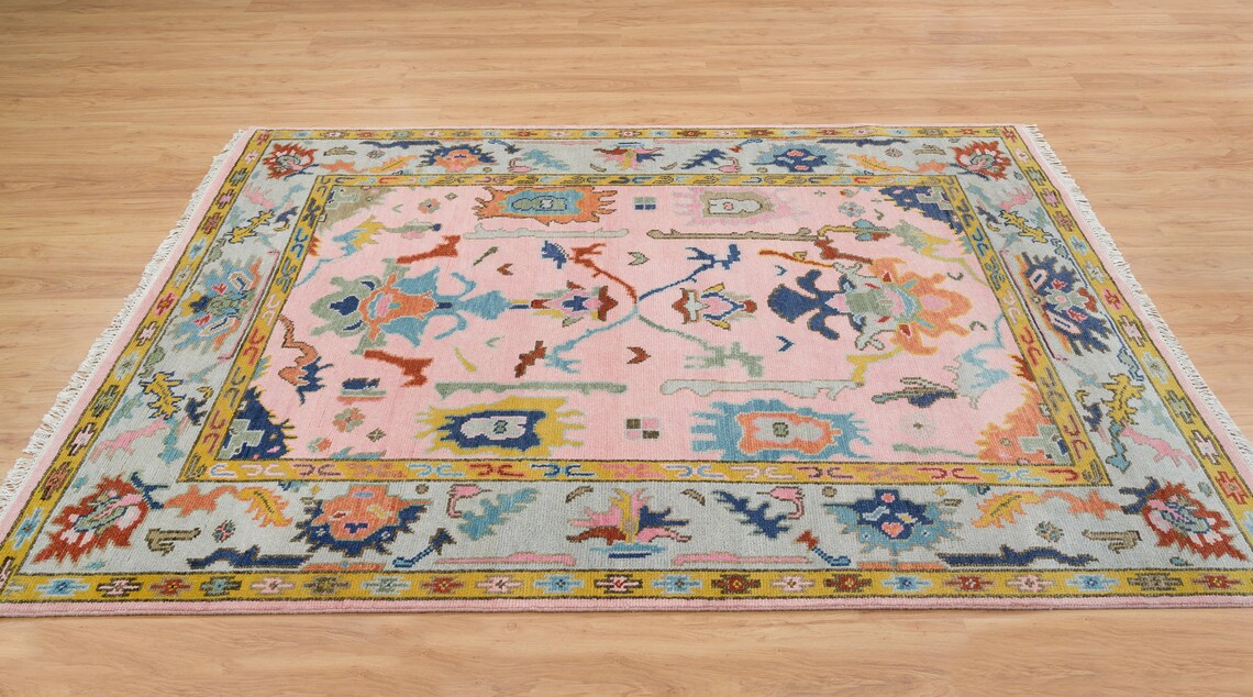 6' X 9' Handmade Farm house Rug | Salmon Pink and Navy Accent Rug | New Modern Turkish Wool Rug