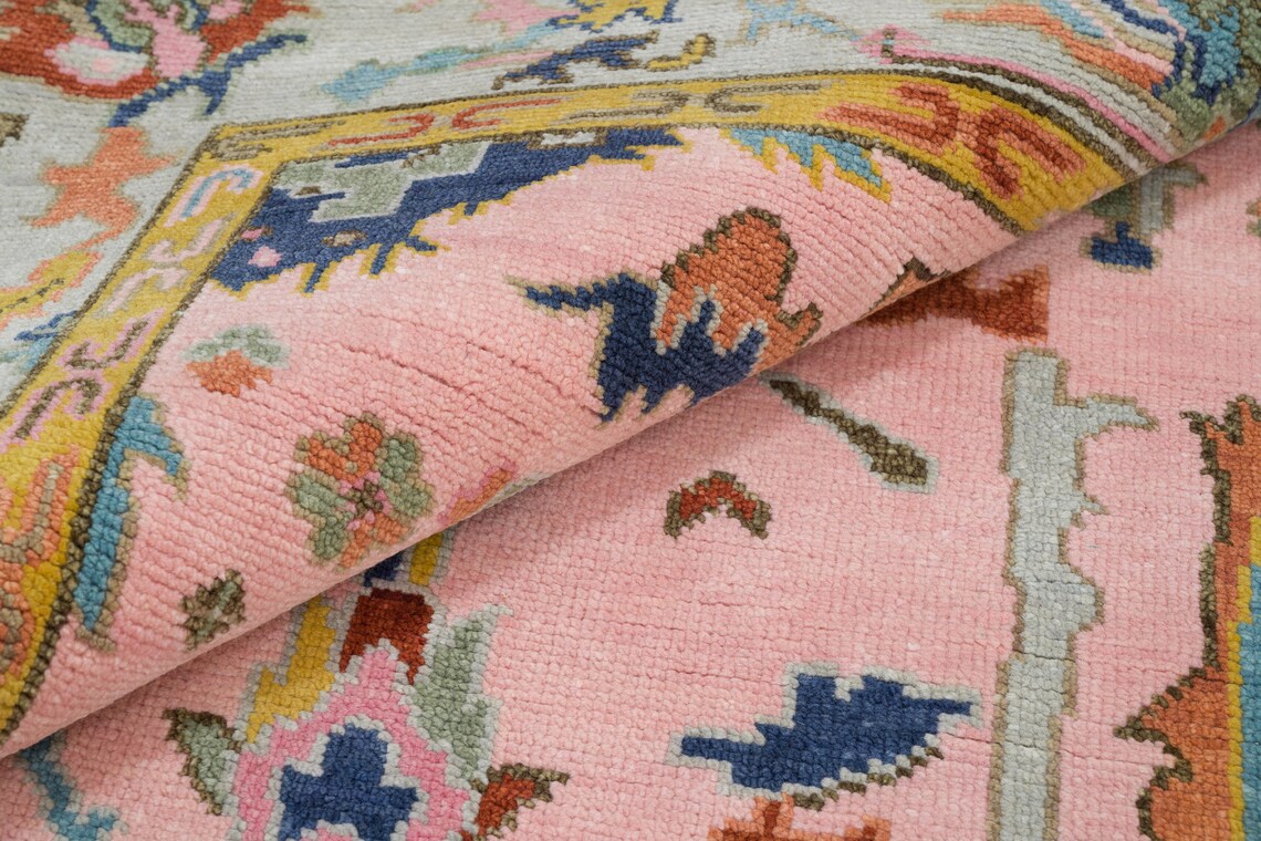 6' X 9' Handmade Farm house Rug | Salmon Pink and Navy Accent Rug | New Modern Turkish Wool Rug