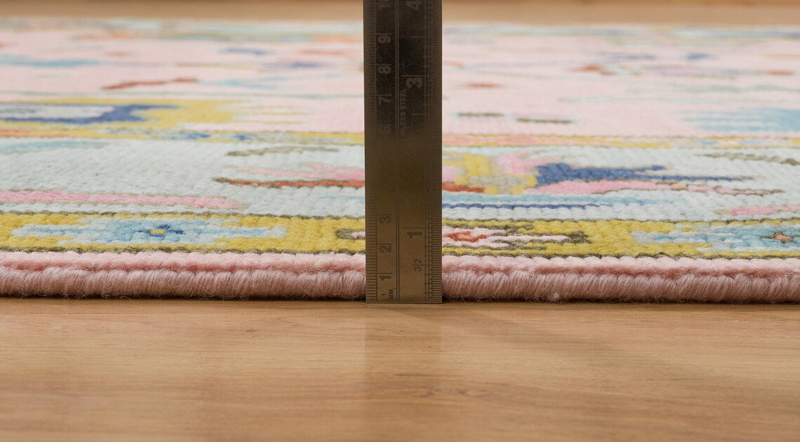 6' X 9' Handmade Farm house Rug | Salmon Pink and Navy Accent Rug | New Modern Turkish Wool Rug