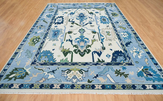 Contemporary Oushak Rug in Ivory, Blue Area Rug, Navy Accent Modern Turkish Rug, Floral Rug For Living Room