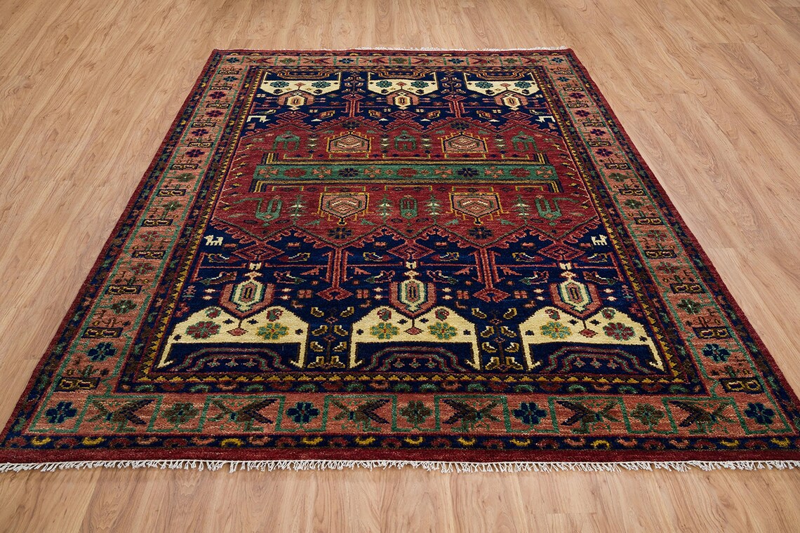 Burgundy Red Gold Oriental Rug, Persian Rug With Tribal Geometric Pattern, Quick Ship Black & Blue Wool Rug: Midnight Rain Area Rug